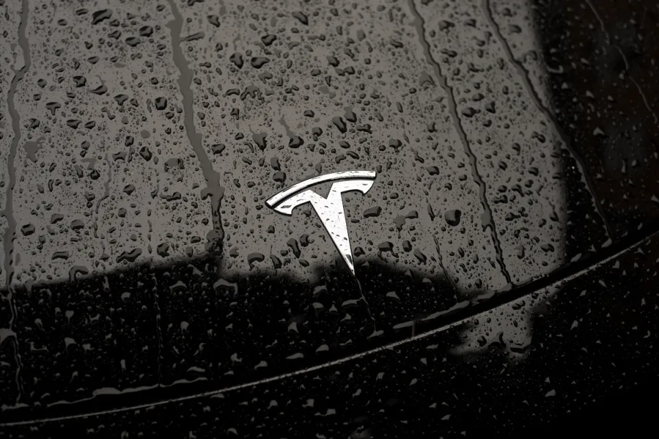 Close-up on silver Tesla logo on black car hood dotted with raindrops.